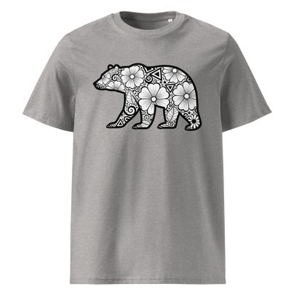 Grey organic cotton t-shirt front view with geometric bear print
