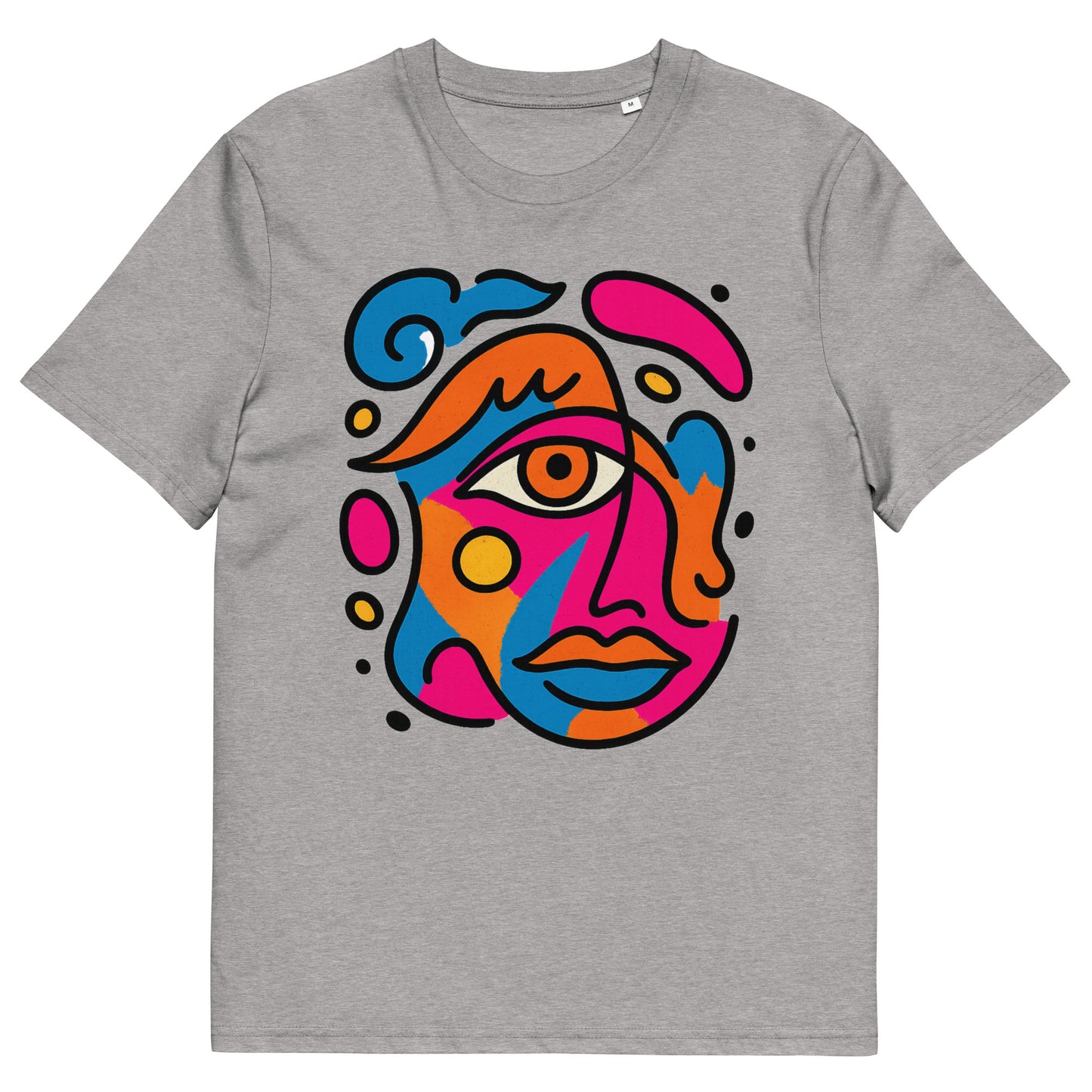 Front view of light grey t-shirt with vibrant abstract pop art face print in pink, blue, orange and yellow colors
