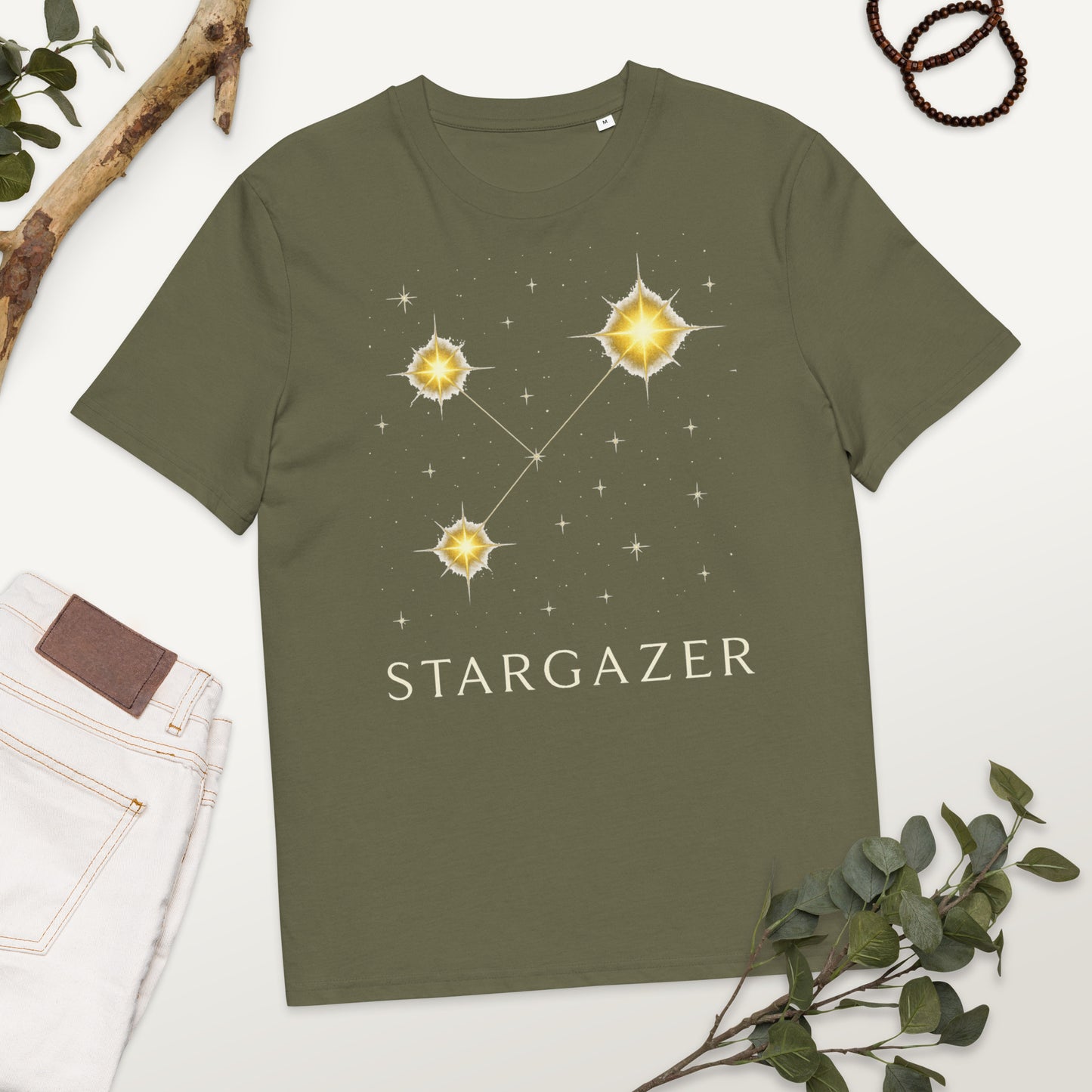 Khaki organic cotton t-shirt with constellation print
