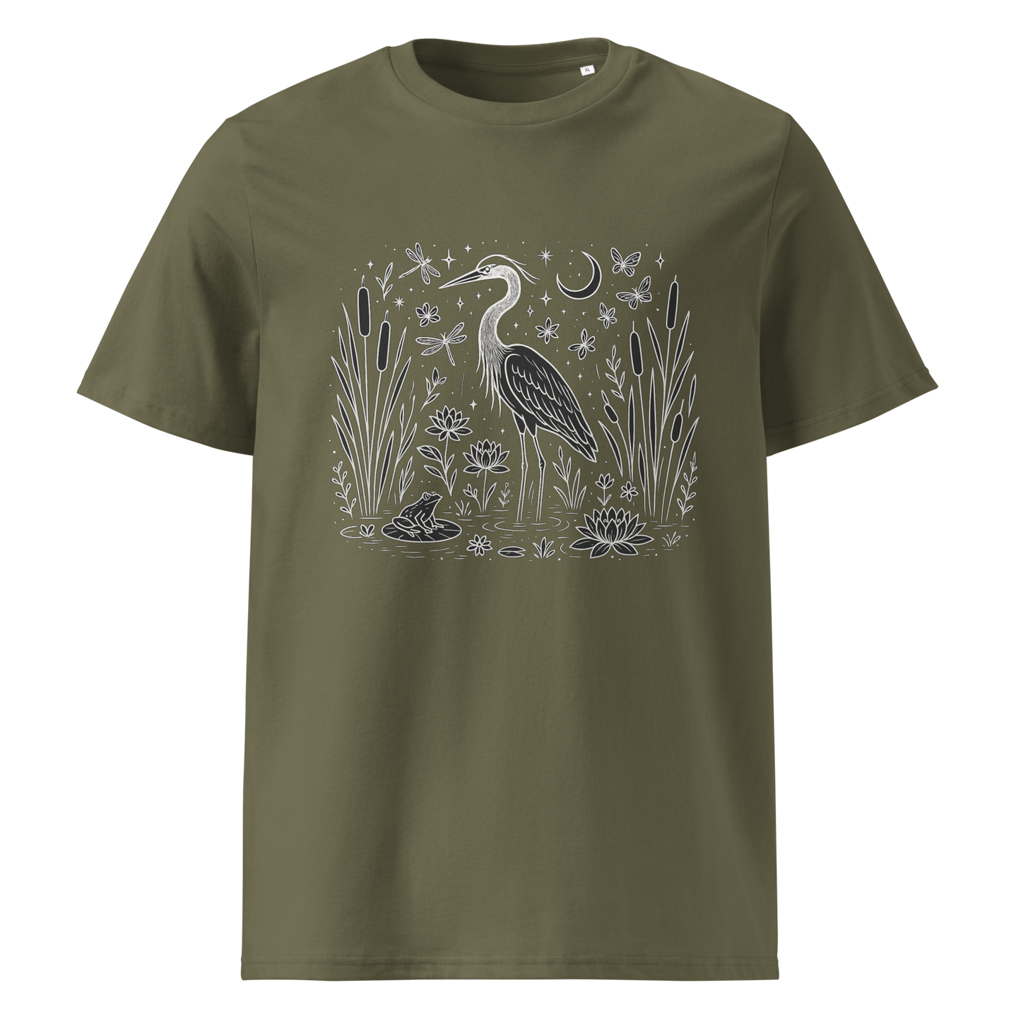 Khaki organic cotton t-shirt front view with heron and water plants print
