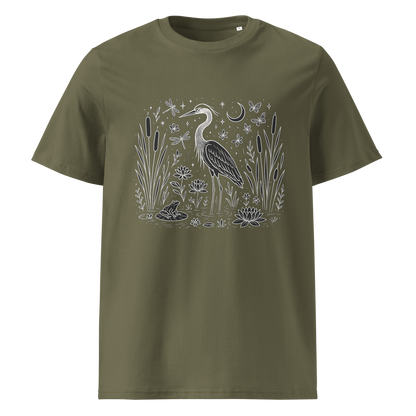 Khaki organic cotton t-shirt front view with heron and water plants print
