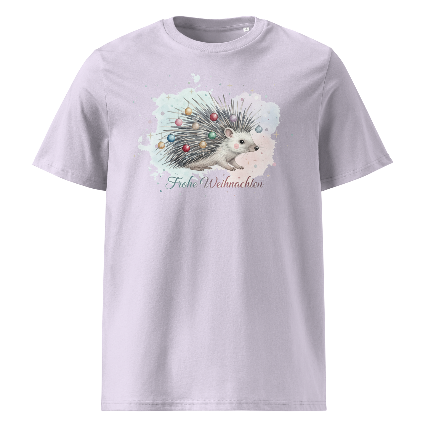 Lavender organic cotton t-shirt front view with hedgehog print
