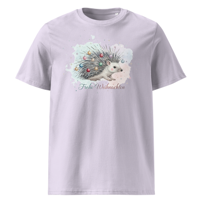 Lavender organic cotton t-shirt front view with hedgehog print
