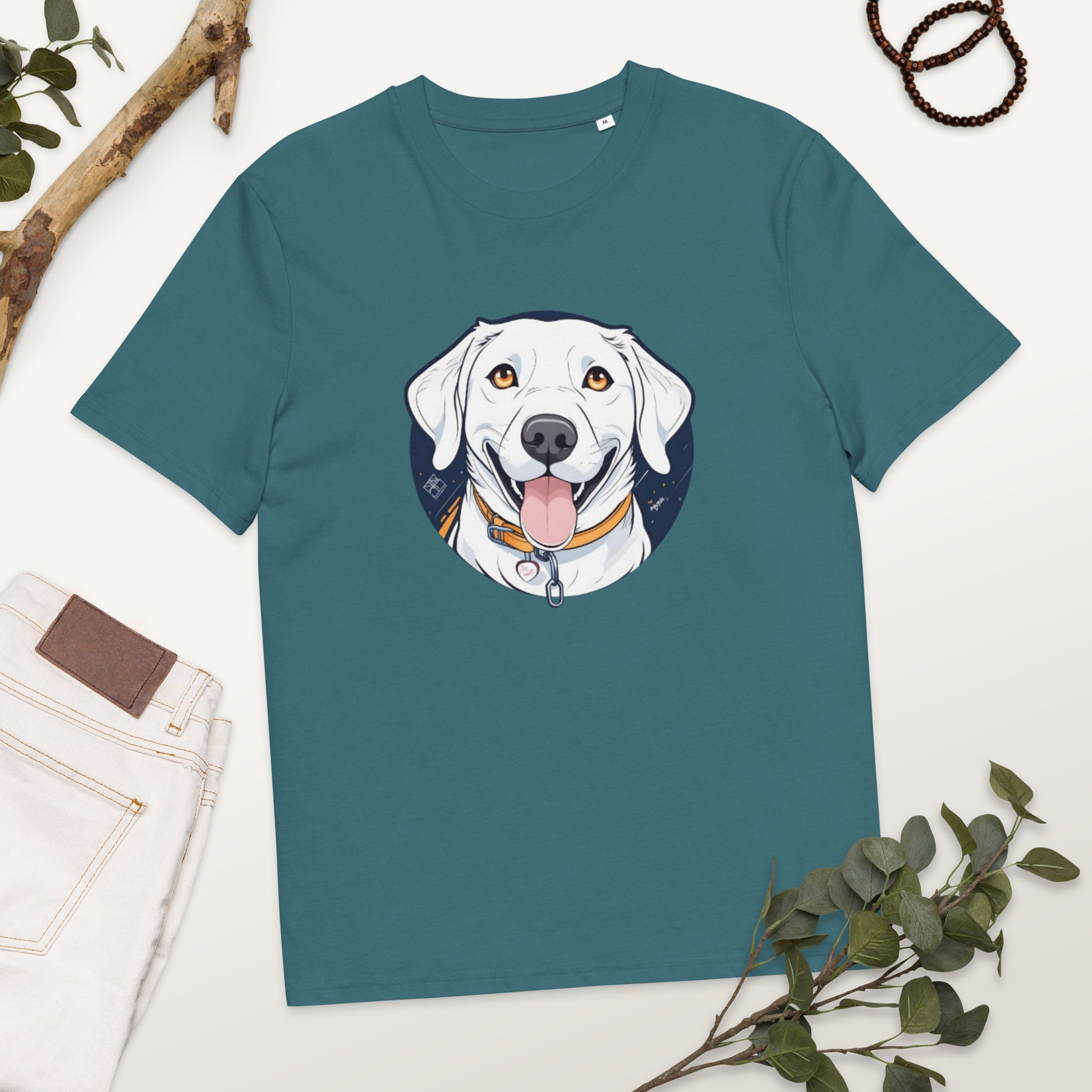 Teal organic cotton t-shirt with dog print

