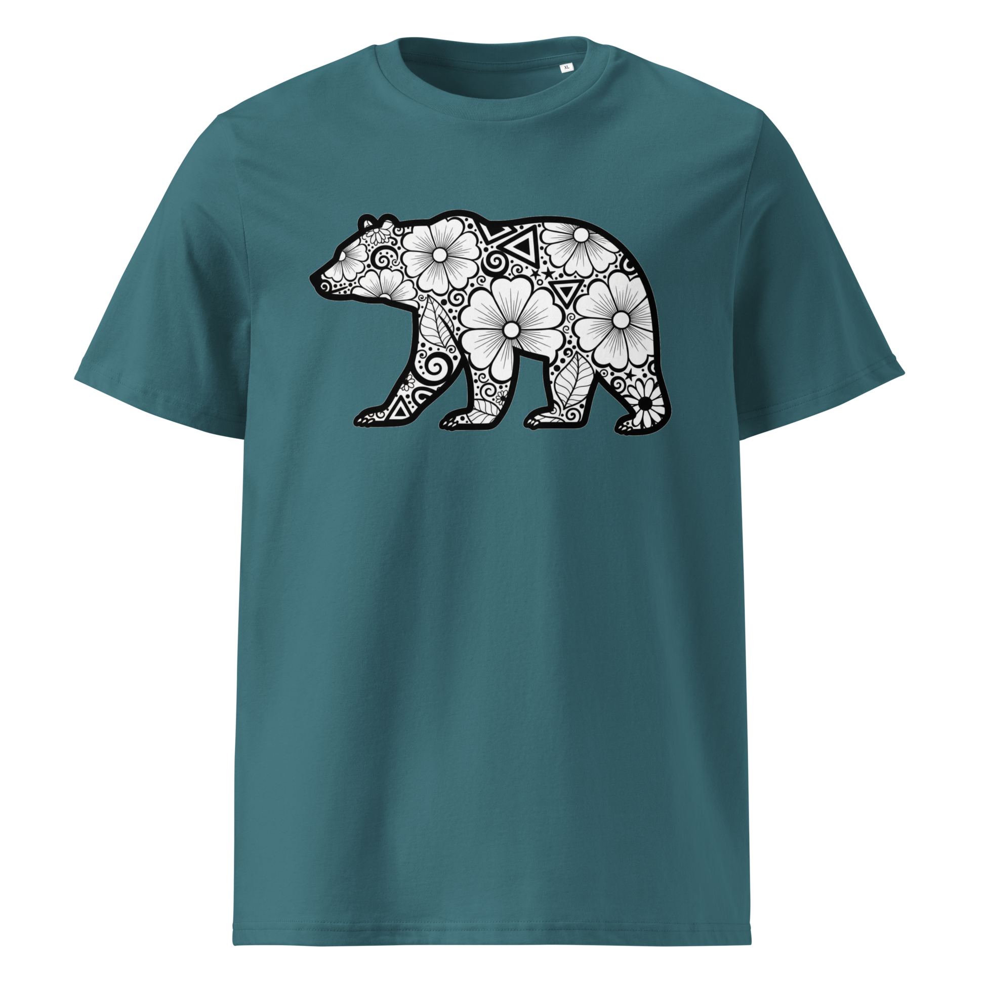 Teal organic cotton t-shirt front view with geometric bear print

