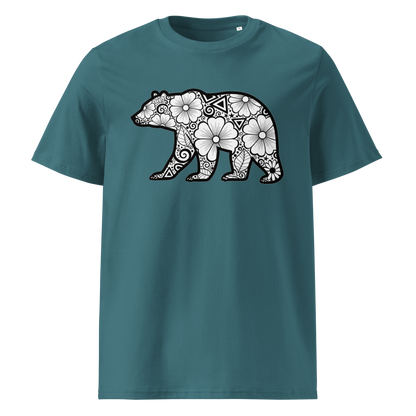 Teal organic cotton t-shirt front view with geometric bear print
