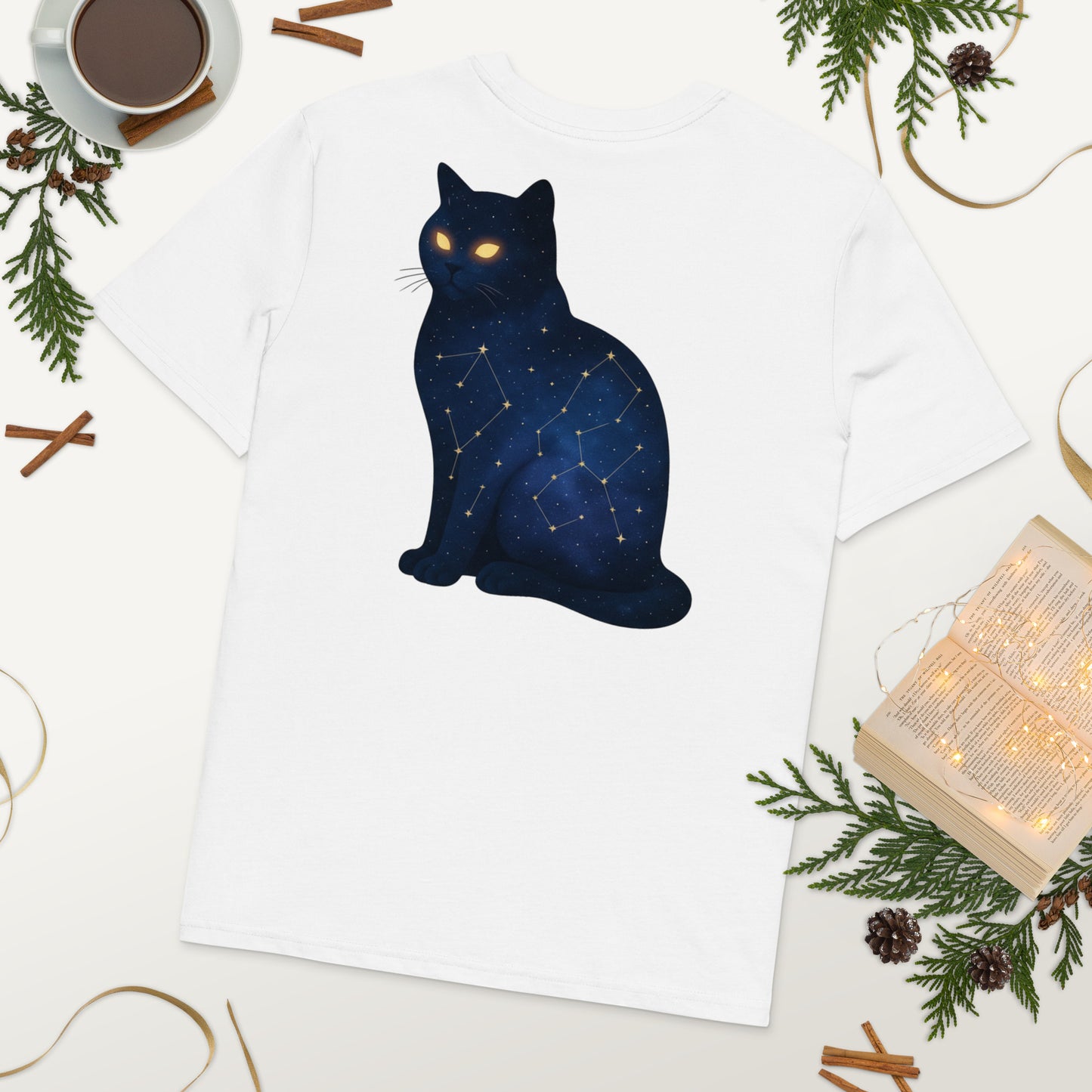 White organic cotton t-shirt with cosmic cat print on back

