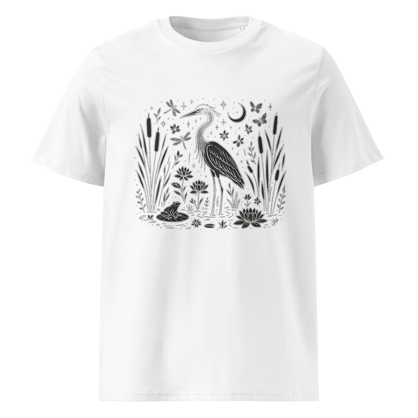 White organic cotton t-shirt front view with heron and water plants print
