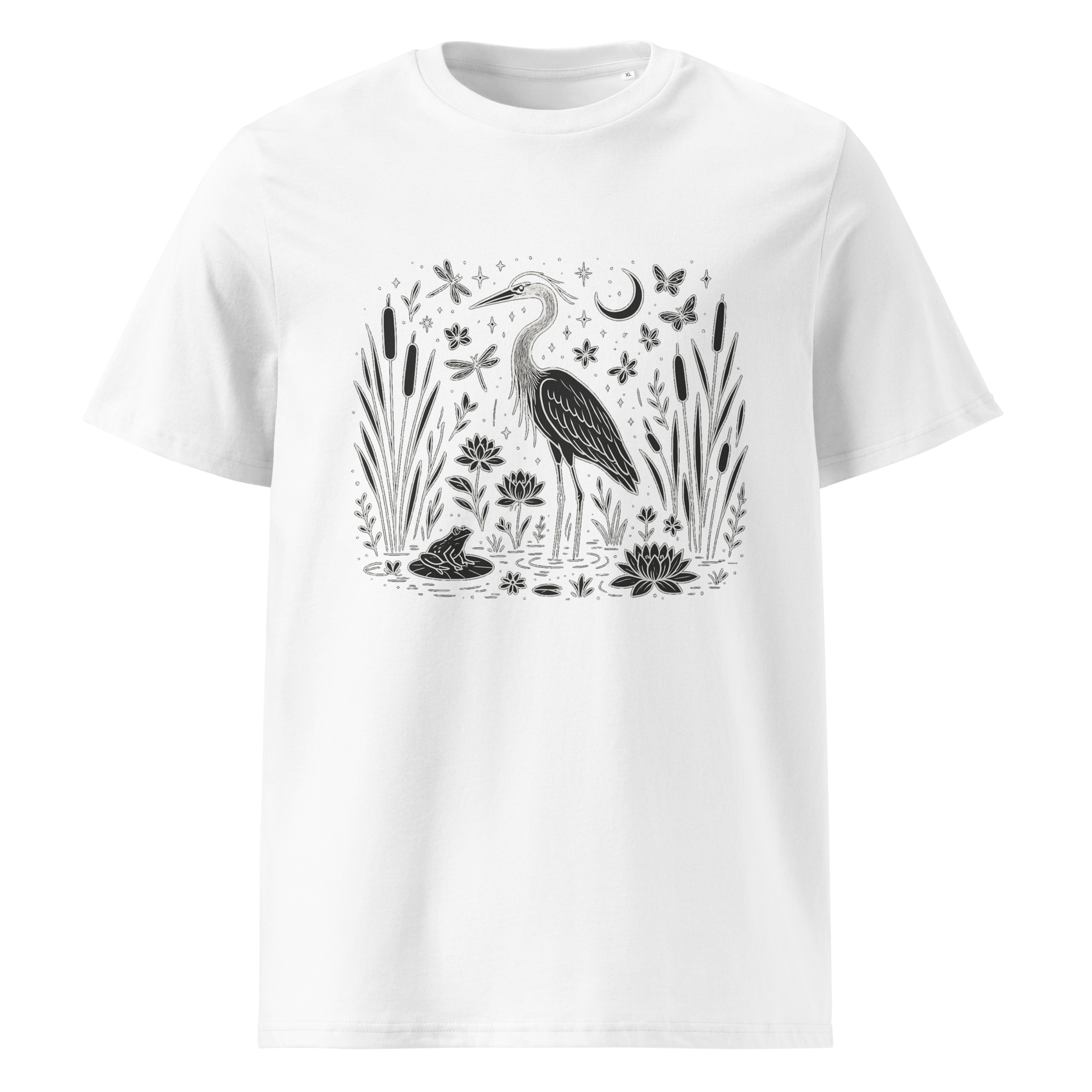 White organic cotton t-shirt front view with heron and water plants print
