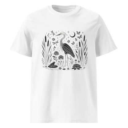 White organic cotton t-shirt front view with heron and water plants print
