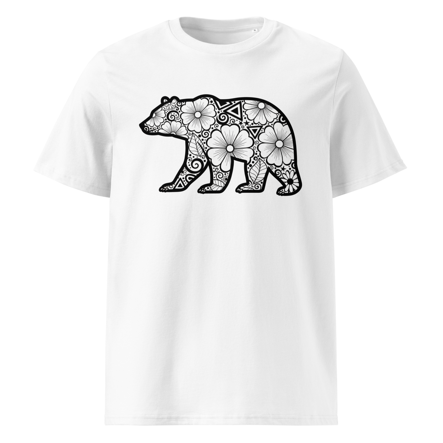 White organic cotton t-shirt front view with geometric bear print
