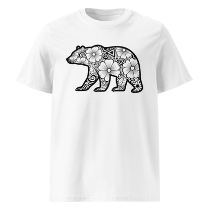 White organic cotton t-shirt front view with geometric bear print
