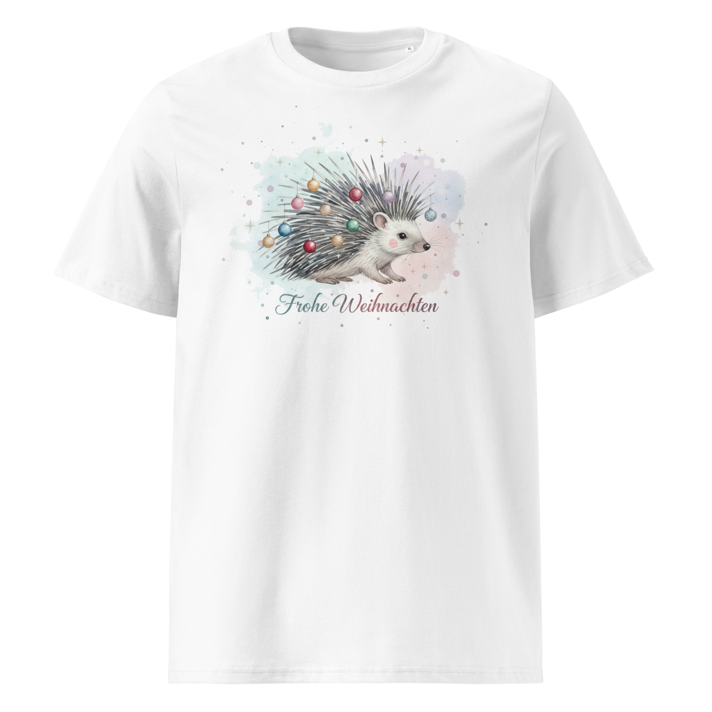 White organic cotton t-shirt front view with hedgehog print
