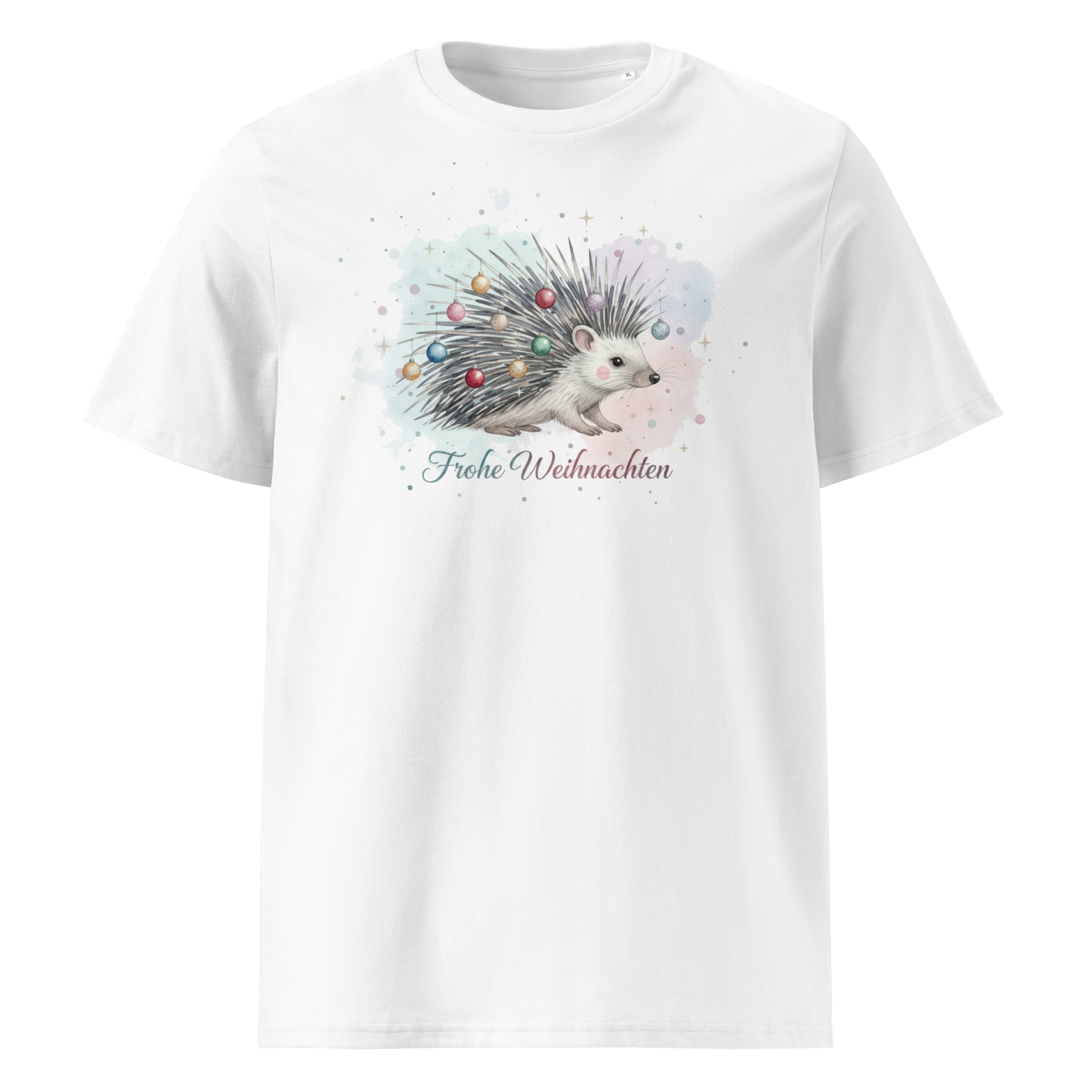White organic cotton t-shirt front view with hedgehog print
