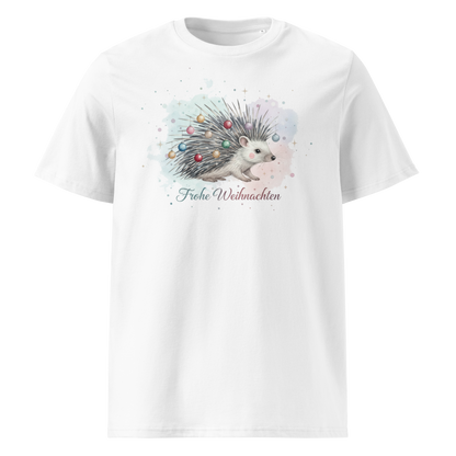 White organic cotton t-shirt front view with hedgehog print
