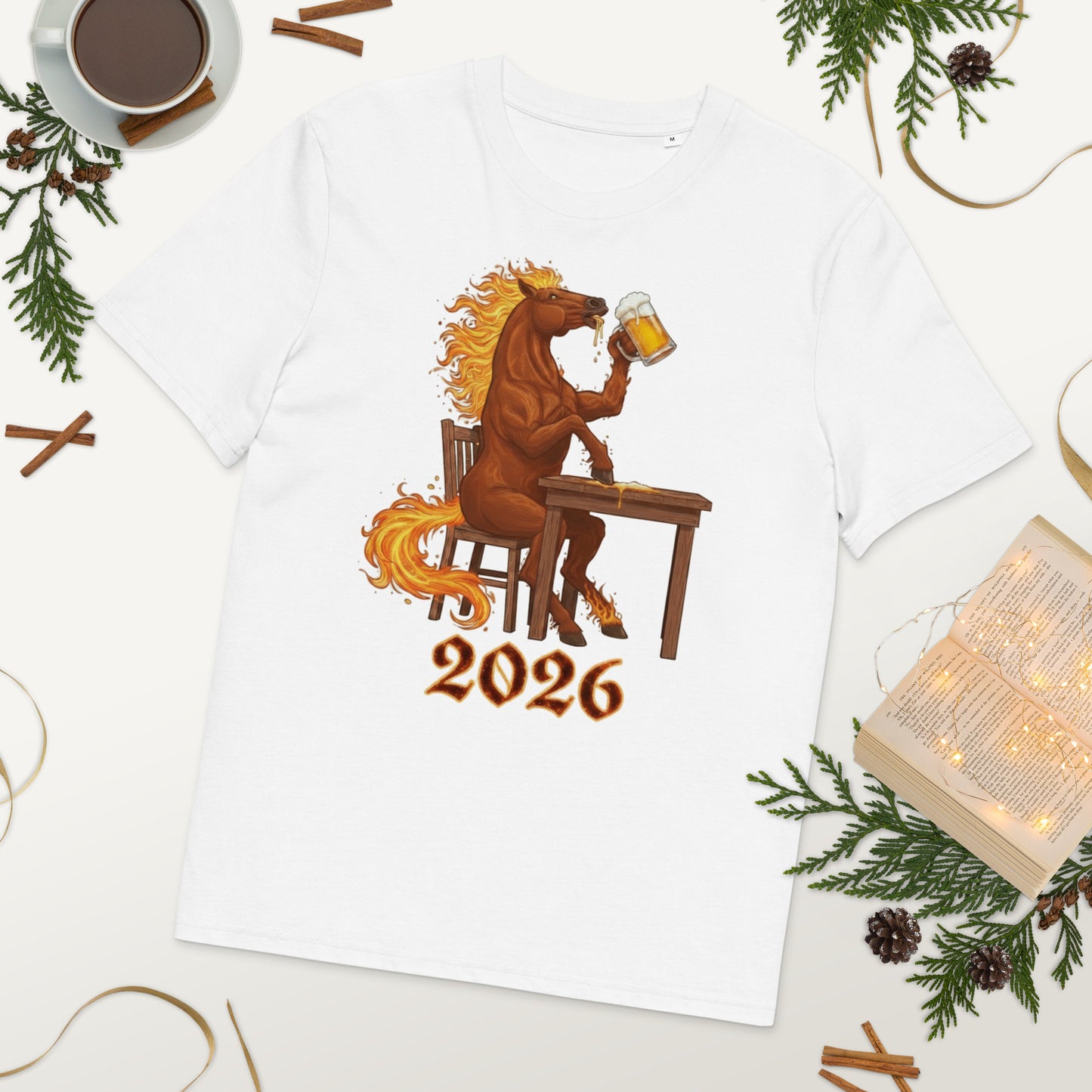 White organic cotton t-shirt front view with horse print
