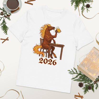 White organic cotton t-shirt front view with horse print
