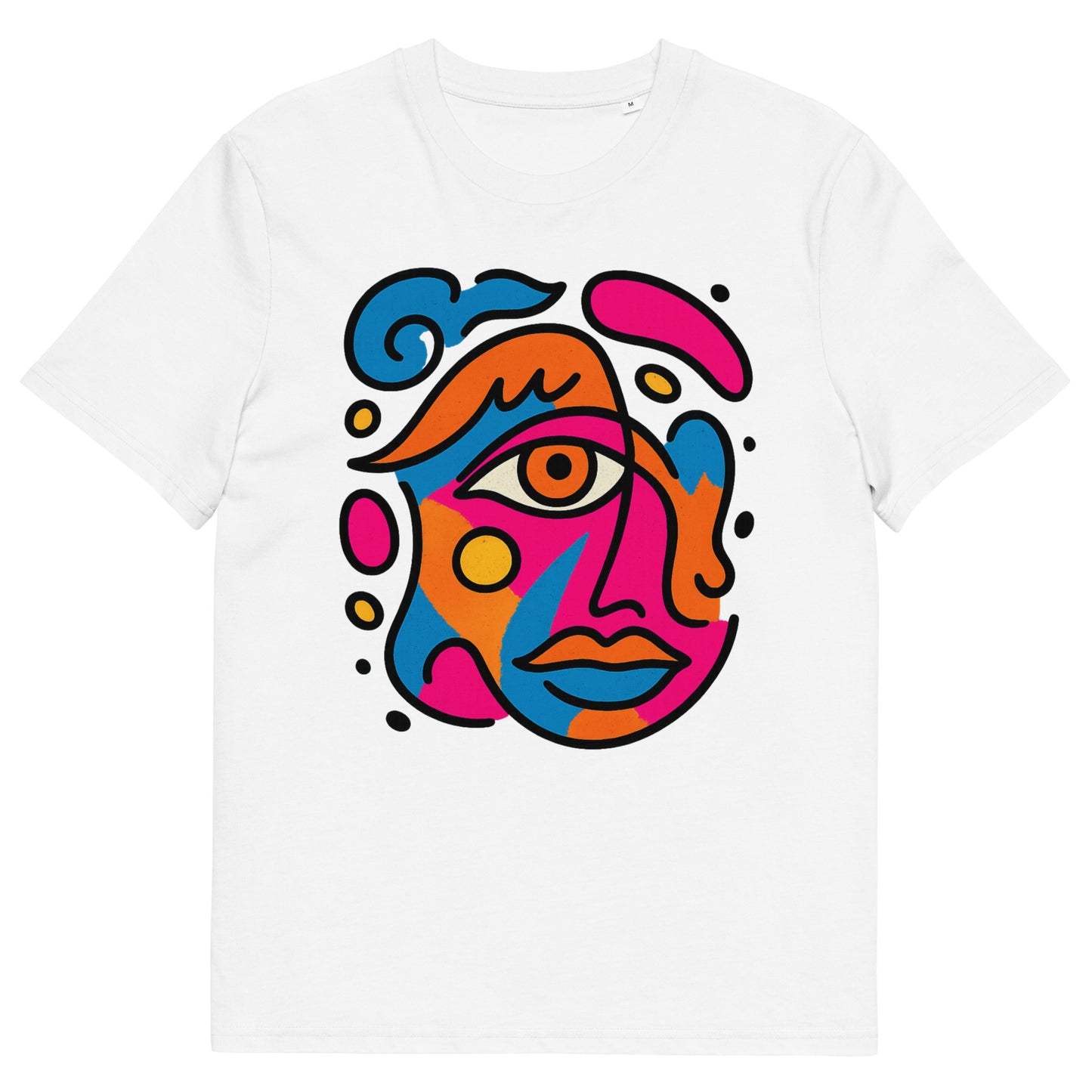 Front view of white t-shirt with vibrant abstract pop art face print in pink, blue, orange and yellow colors
