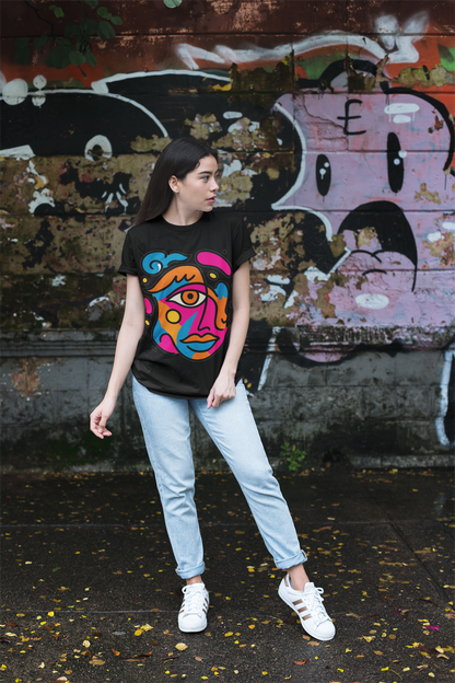Woman wearing black t-shirt with vibrant abstract pop art face print, blue jeans and white sneakers against graffiti background
